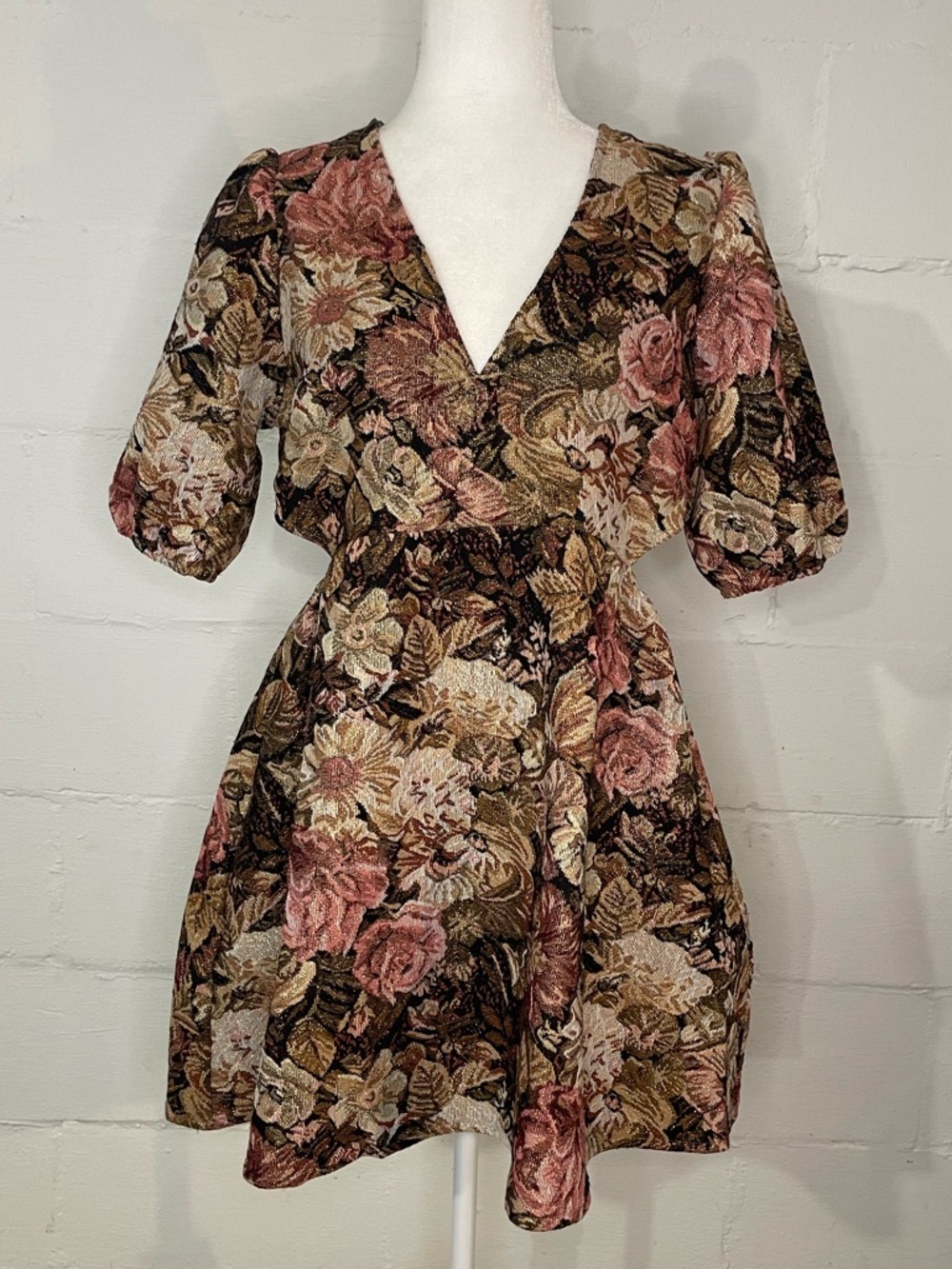Floral V-Neck Puff Sleeve Mini Dress in Rose and Olive Tones